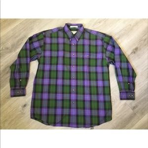 Orvis Men's Heavy Cotton Outdoor Tartan Purple Green Plaid Shirt Size Large